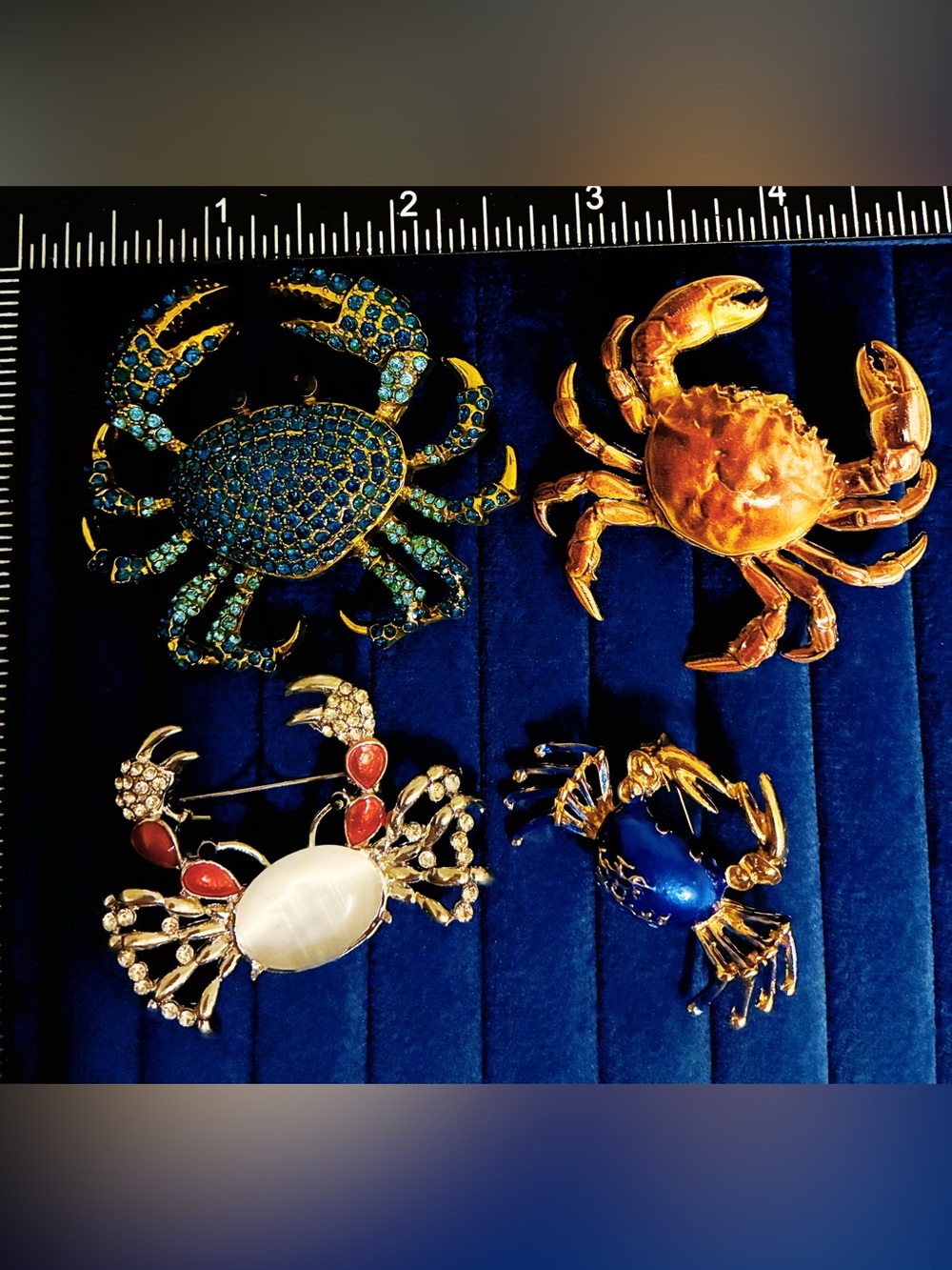 Lot 4 Crab Brooches Pins Blue Rhinestone Enamel Crustacean Jewelry
